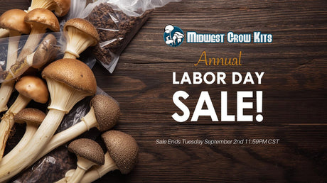 Image that shows mushrooms on a wood background with the words Annual labor day sale