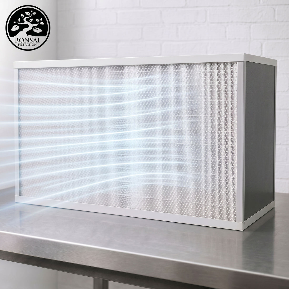 4'x2' White air filter on a metal surface with a white brick wall background