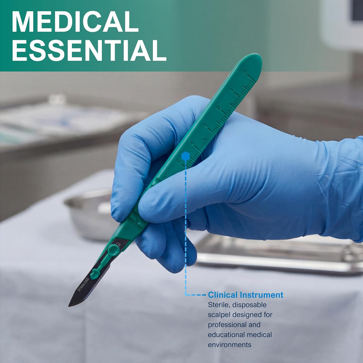 Hand wearing a blue glove holding a green scalpel with text 'MEDICAL ESSENTIAL' and 'Clinical Instrument'.