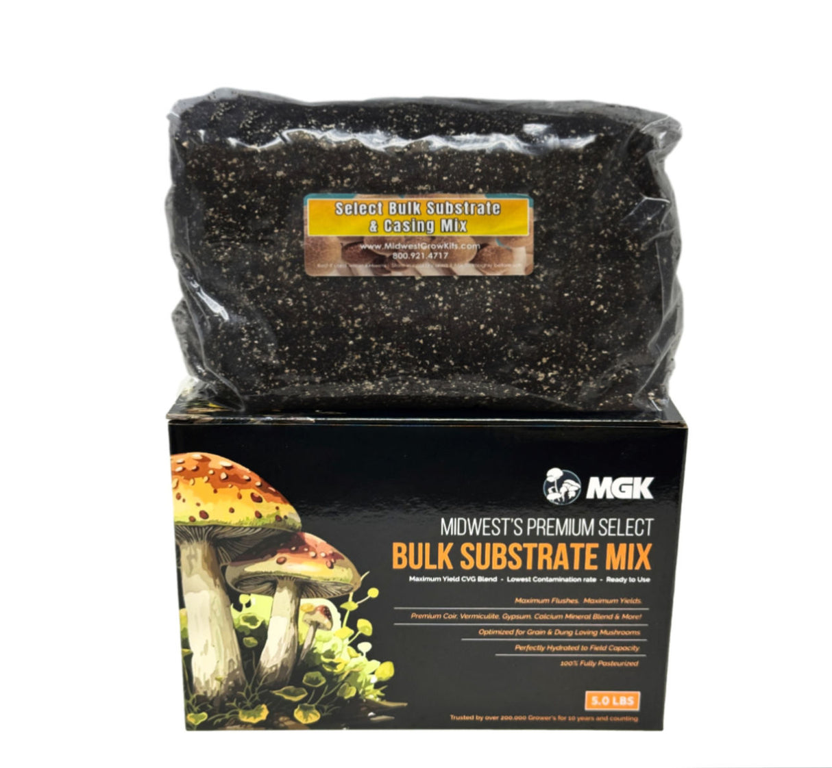 Bag of MGK Premium Select Bulk Substrate Mix with mushroom illustration on packaging.
