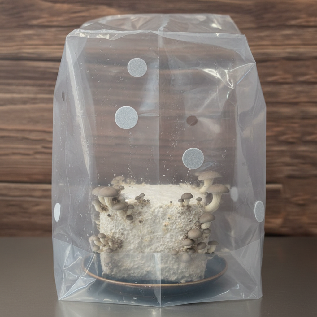 Mushroom growing kit inside a clear plastic packaging with a wooden background