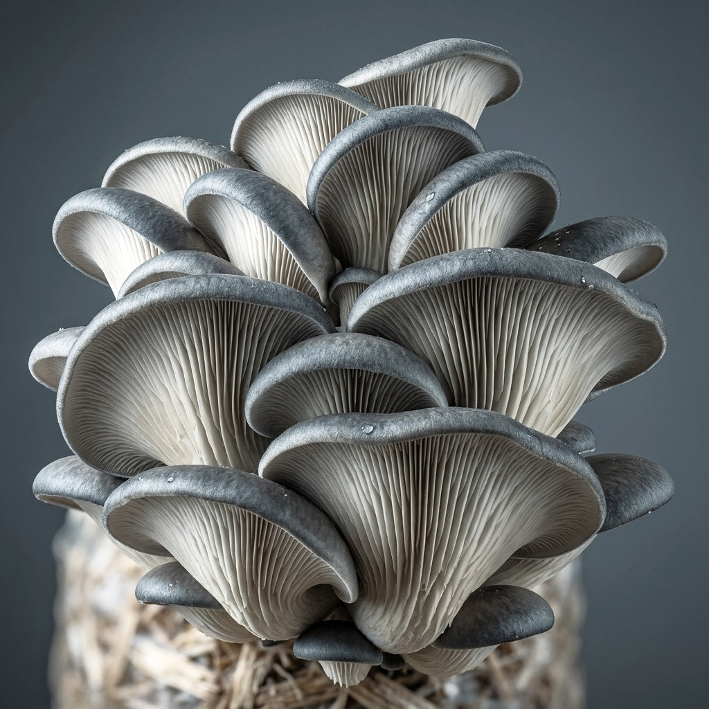 A cluster of king blue oyster mushrooms growing on a substrate, photographed close-up against a dark gray background.