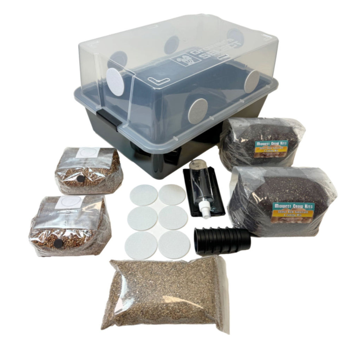 Large 66Q monotub mushroom grow kit with filter disks, plugs, vermiculite and liner.