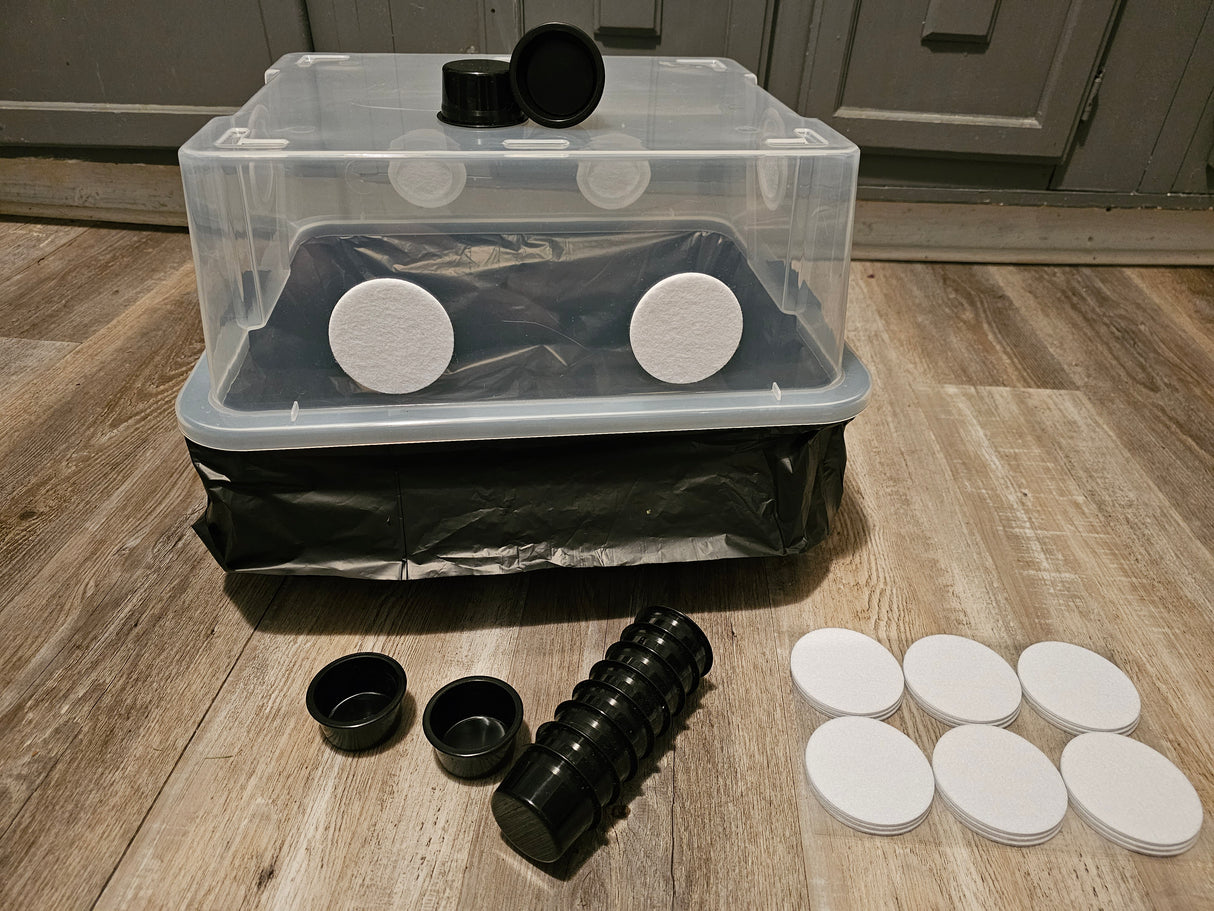 A clear plastic storage container with a black liner and lid, shown on a wood floor with several white round discs and black caps/accessories arranged around it.