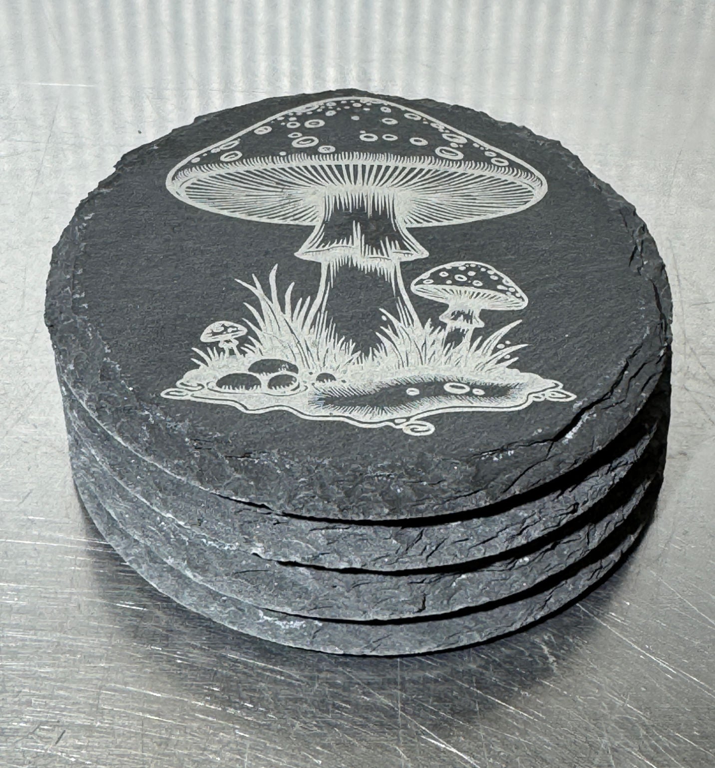 Natural Slate Laser Engraved Mushroom Coasters