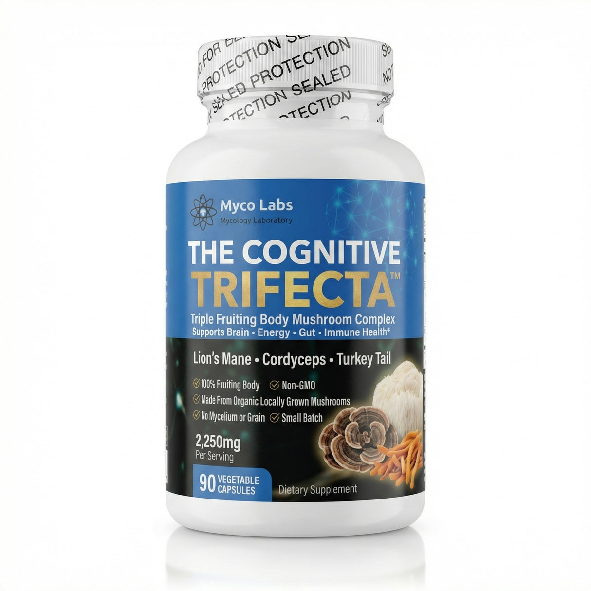 Myco Labs The Cognitive Trifecta™ – Triple Fruiting Body Mushroom Complex Lion’s Mane + Cordyceps + Turkey Tail (90 Capsules)