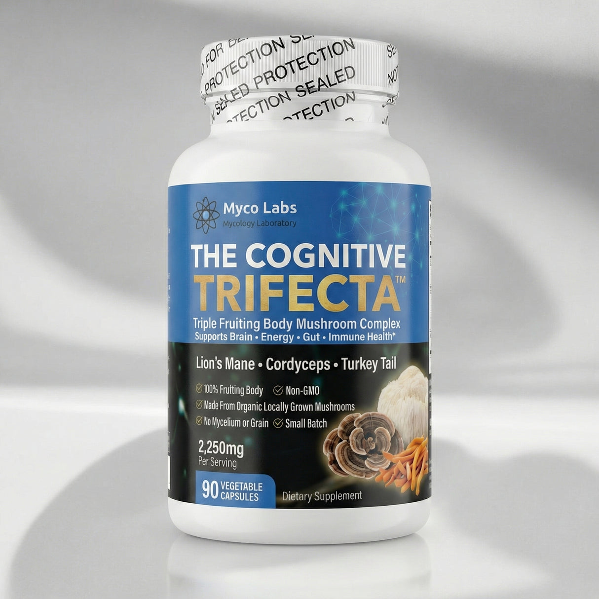 Myco Labs The Cognitive Trifecta™ – Triple Fruiting Body Mushroom Complex Lion’s Mane + Cordyceps + Turkey Tail (90 Capsules)