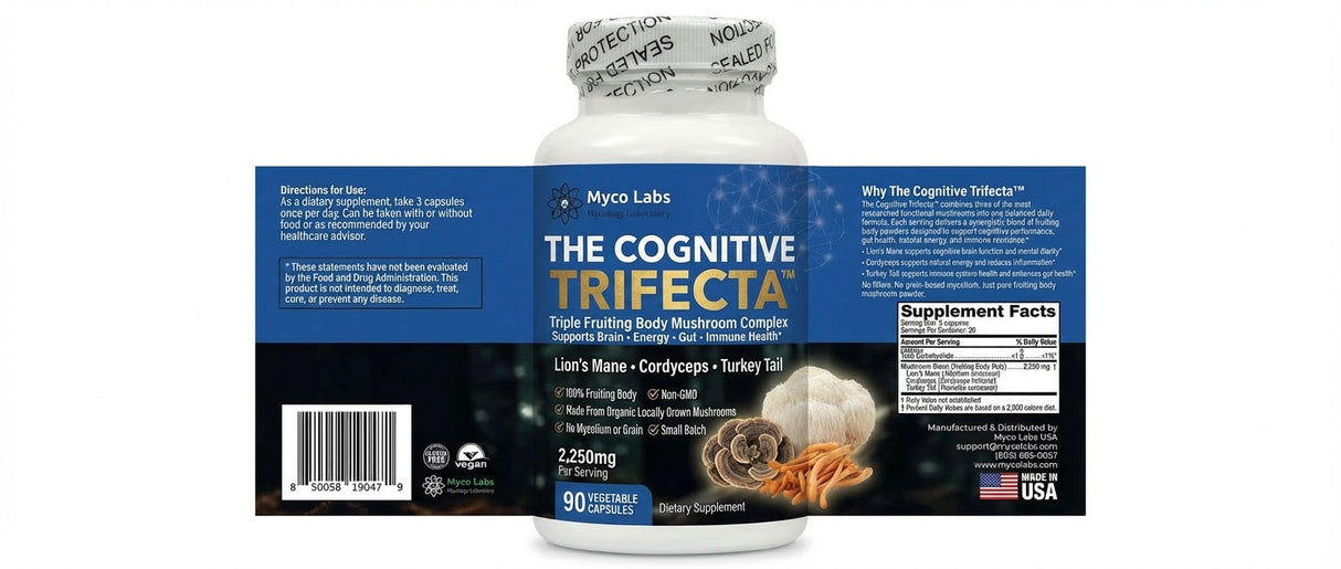 Myco Labs The Cognitive Trifecta™ – Triple Fruiting Body Mushroom Complex Lion’s Mane + Cordyceps + Turkey Tail (90 Capsules)