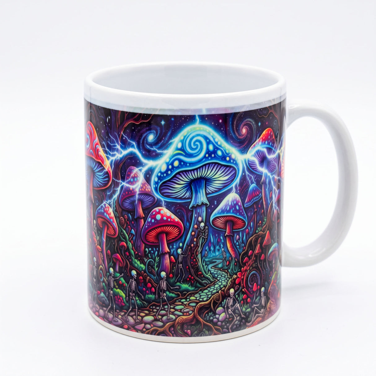 Side view of the ceramic mug showing skeletons walking a stone path beneath glowing mushroom caps