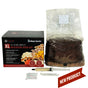 Mushroom grow kit with packaging, grow bag, syringes, and packets on a white background.