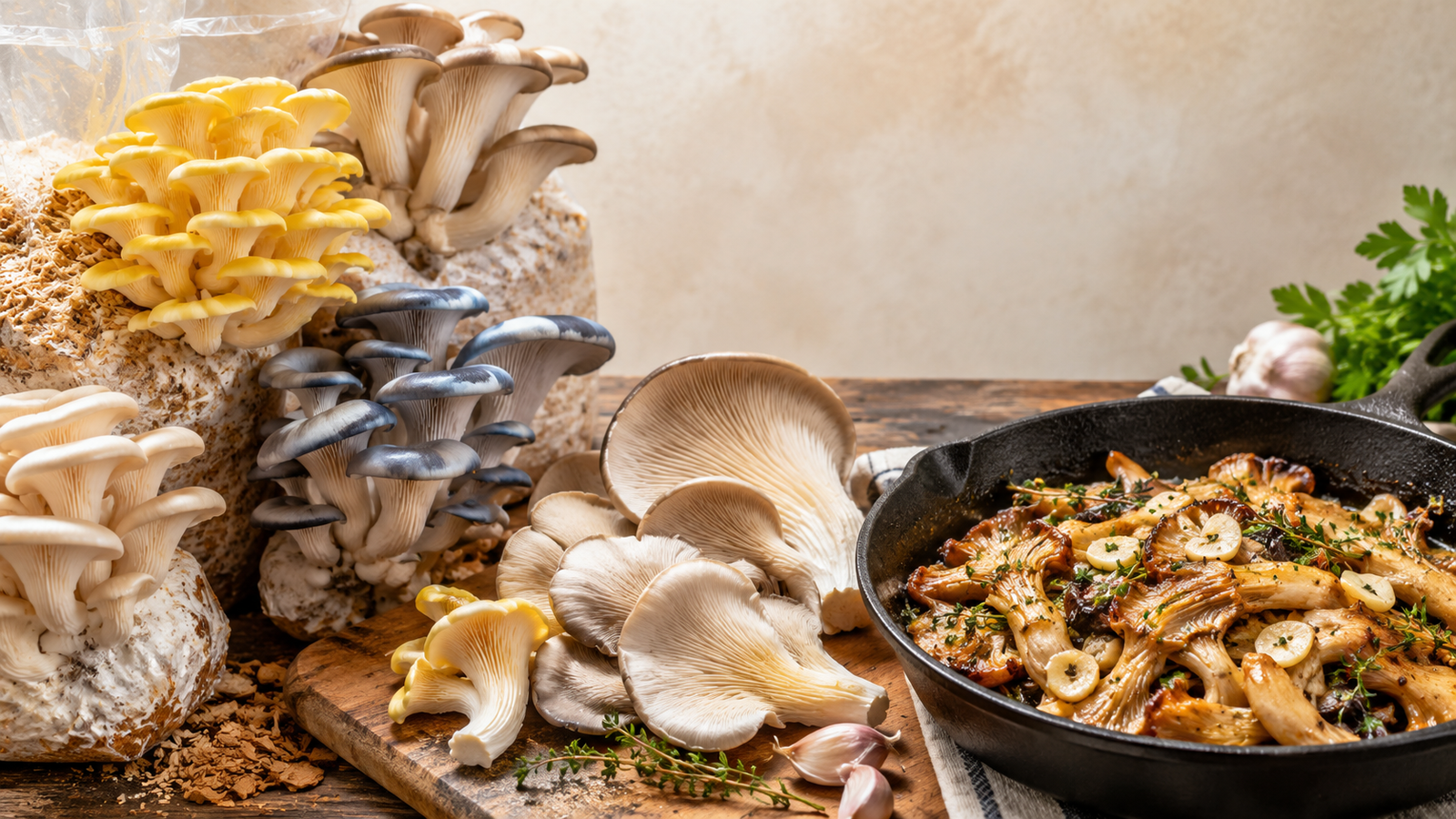 oyster mushrooms in frying pan