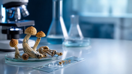 Psilocybin mushroom specimens being examined in a scientific research laboratory