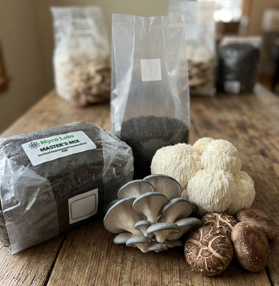 wood based mushroom substrate on wooden table.
