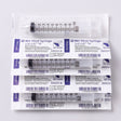 5 10cc luer lock syringes on white background