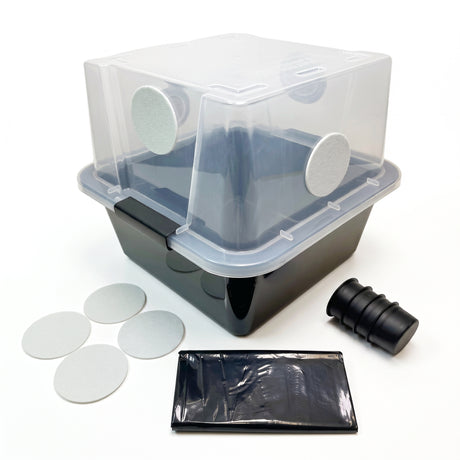 Grower's Select 28Q SMALL Mushroom Monotub Fruiting Chamber with Filter Disks and black liner and plugs.