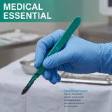 Hand wearing a blue glove holding a green scalpel with text 'MEDICAL ESSENTIAL' and 'Clinical Instrument'.
