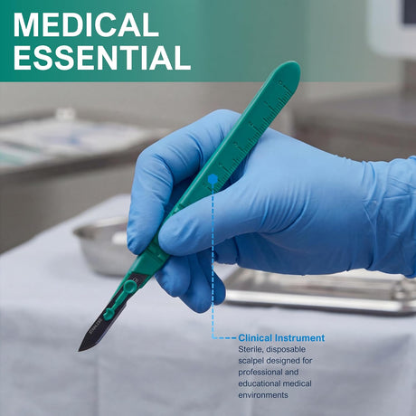 Hand wearing a blue glove holding a green scalpel with text 'MEDICAL ESSENTIAL' and 'Clinical Instrument'.