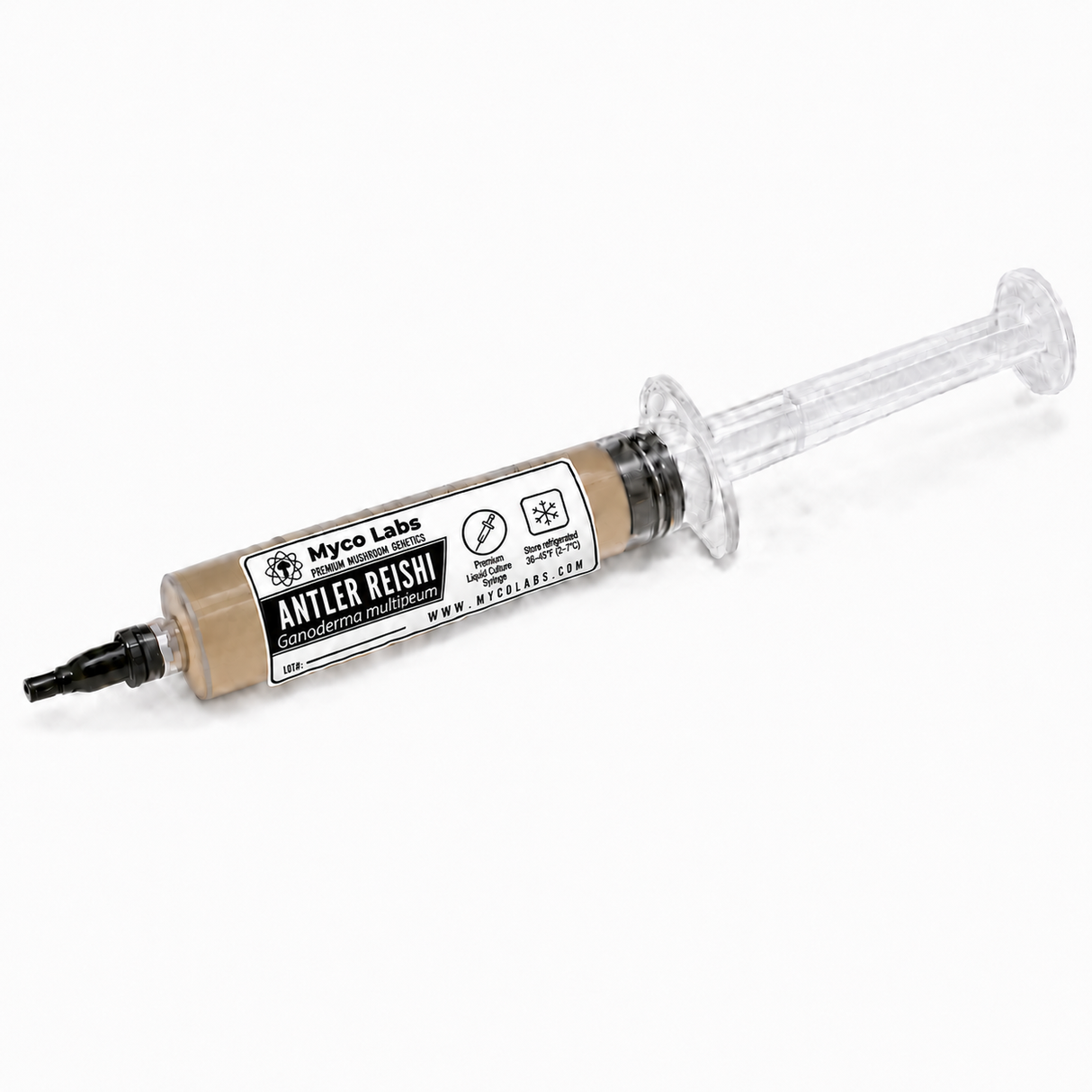 A syringe-style container of Myco Labs Red Reishi Gourmet Agar, showing the beige liquid inside a clear plastic barrel with a black applicator tip, on a white background.