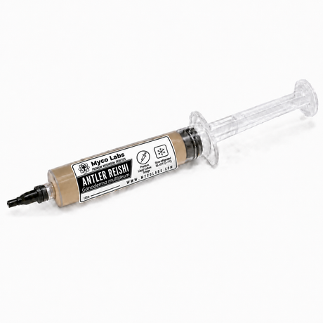 A syringe-style container of Myco Labs Red Reishi Gourmet Agar, showing the beige liquid inside a clear plastic barrel with a black applicator tip, on a white background.