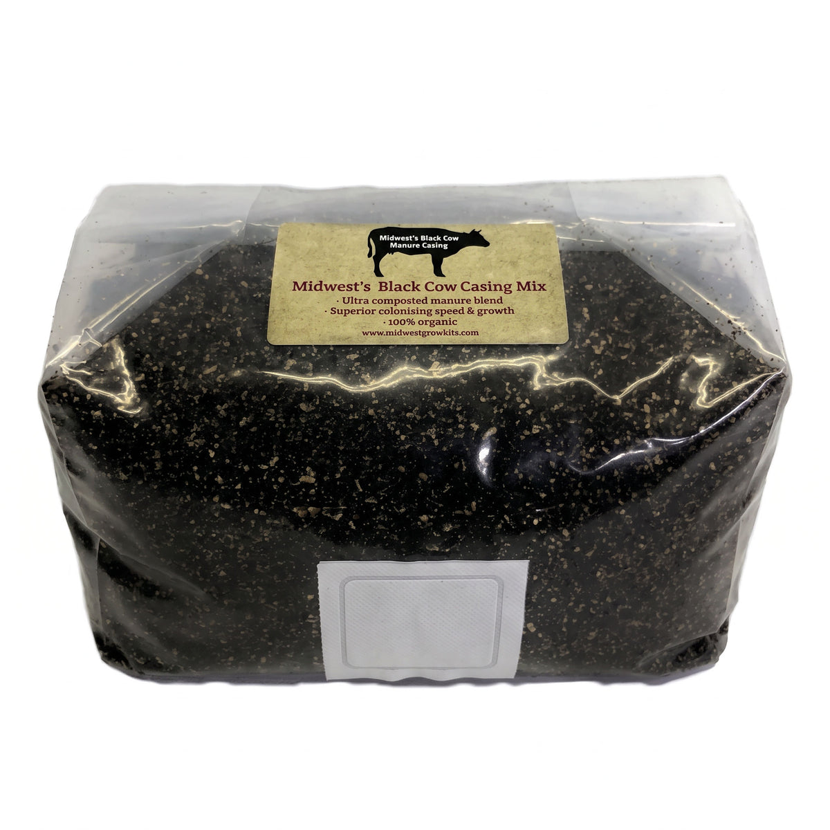 Midwest's Black Cow Casting Mix in a clear plastic bag with a tan label, shown against a plain white background.