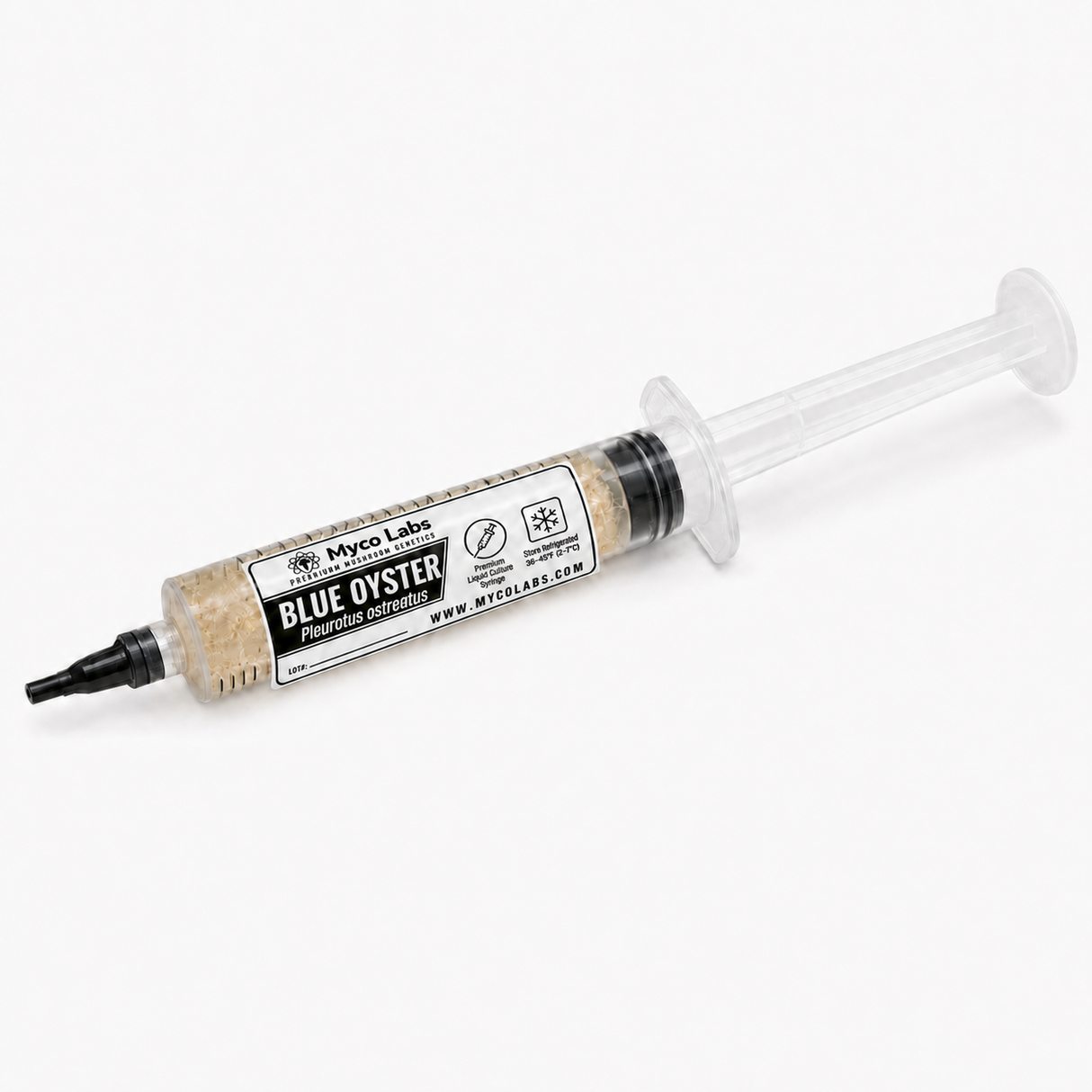 A syringe of Myco Labs Blue Oyster liquid culture showing the mycelium contents through a clear barrel with a white and black label.
