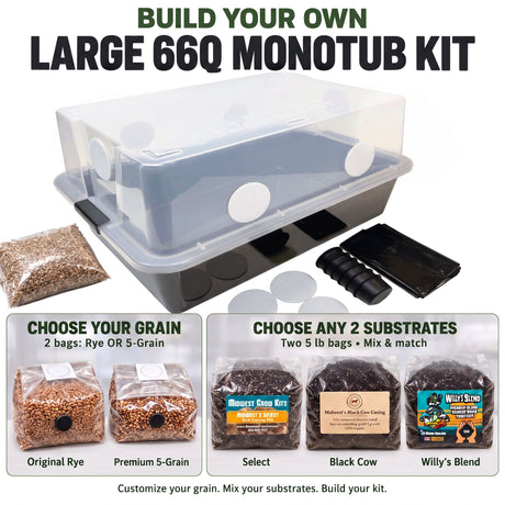 Build Your Own Large 66Q monotub grow kit: Grower's Select tub with your choice of grain spawn and bulk substrate