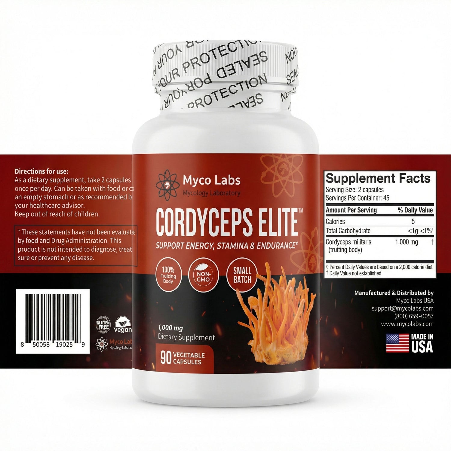 Myco Labs Cordyceps Elite™ 100% Fruiting Body Cordyceps Militaris (90 Capsules)