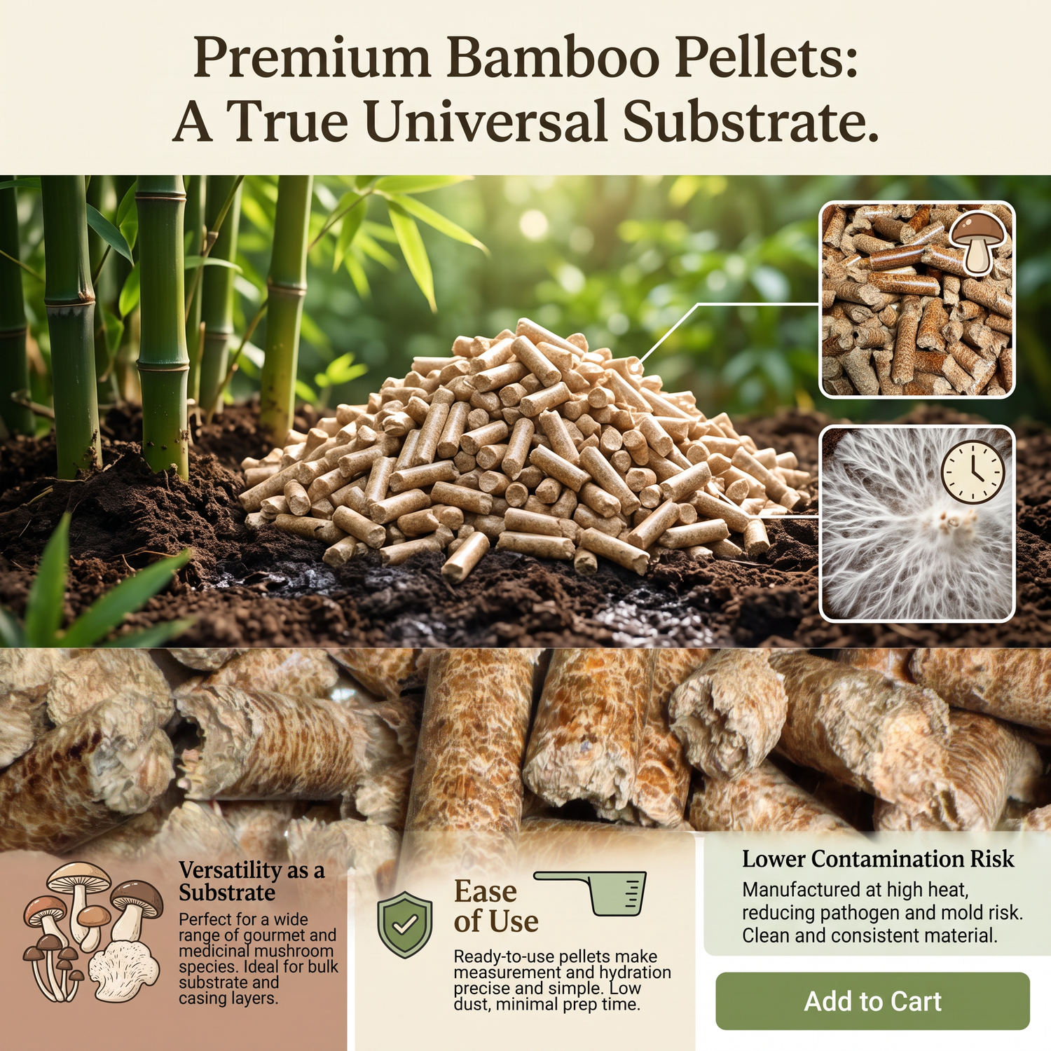 Promotional graphic for premium bamboo pellets, a true universal substrate. The image features a large pile of light brown cylindrical pellets in the center, set against a background of green bamboo stalks and soil.