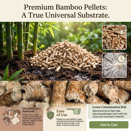 Promotional graphic for premium bamboo pellets, a true universal substrate. The image features a large pile of light brown cylindrical pellets in the center, set against a background of green bamboo stalks and soil.