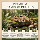 Promotional graphic for Premium Bamboo Pellets, showing a central photo of bamboo logs and mushrooms on a log in a forest, with five feature callouts below and a circular 'Certified' seal.