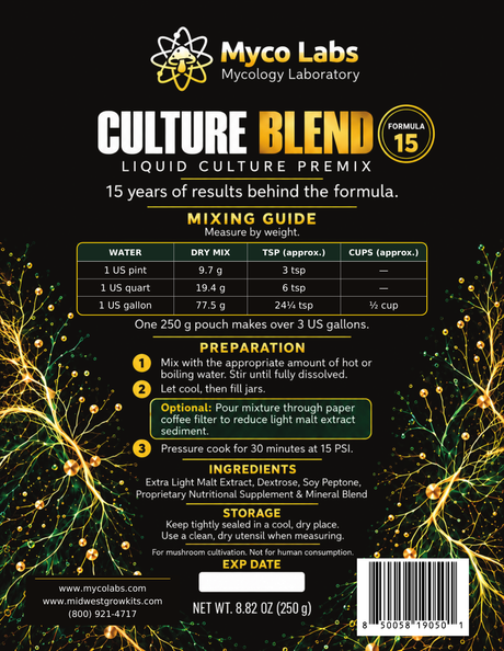 Back of a Myco Labs Culture Blend liquid culture premix package, showing mixing guide, preparation steps, ingredients, and storage instructions on a black background with gold and white text and graphics.