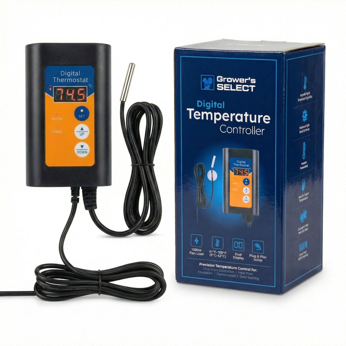 Digital temperature controller with cable next to its packaging on a white background