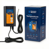 Digital temperature controller with cable next to its packaging on a white background