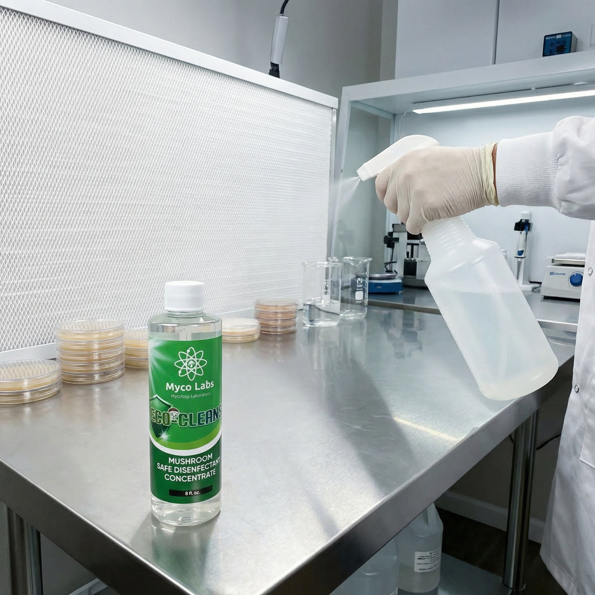 Person in a laboratory setting using Myco Labs Eco Clean product on a metal surface.