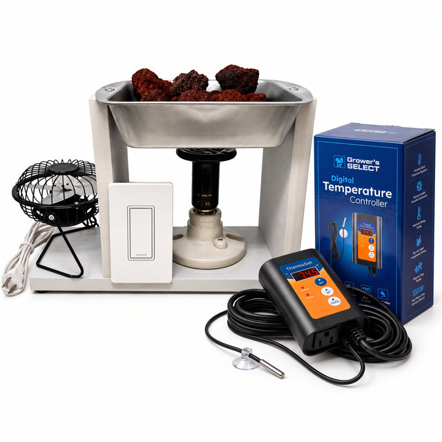 Martha tent heater unit with lava rock tray, 200W infrared heat element, on/off switch and circulation fan, with the included digital temperature controller and probe