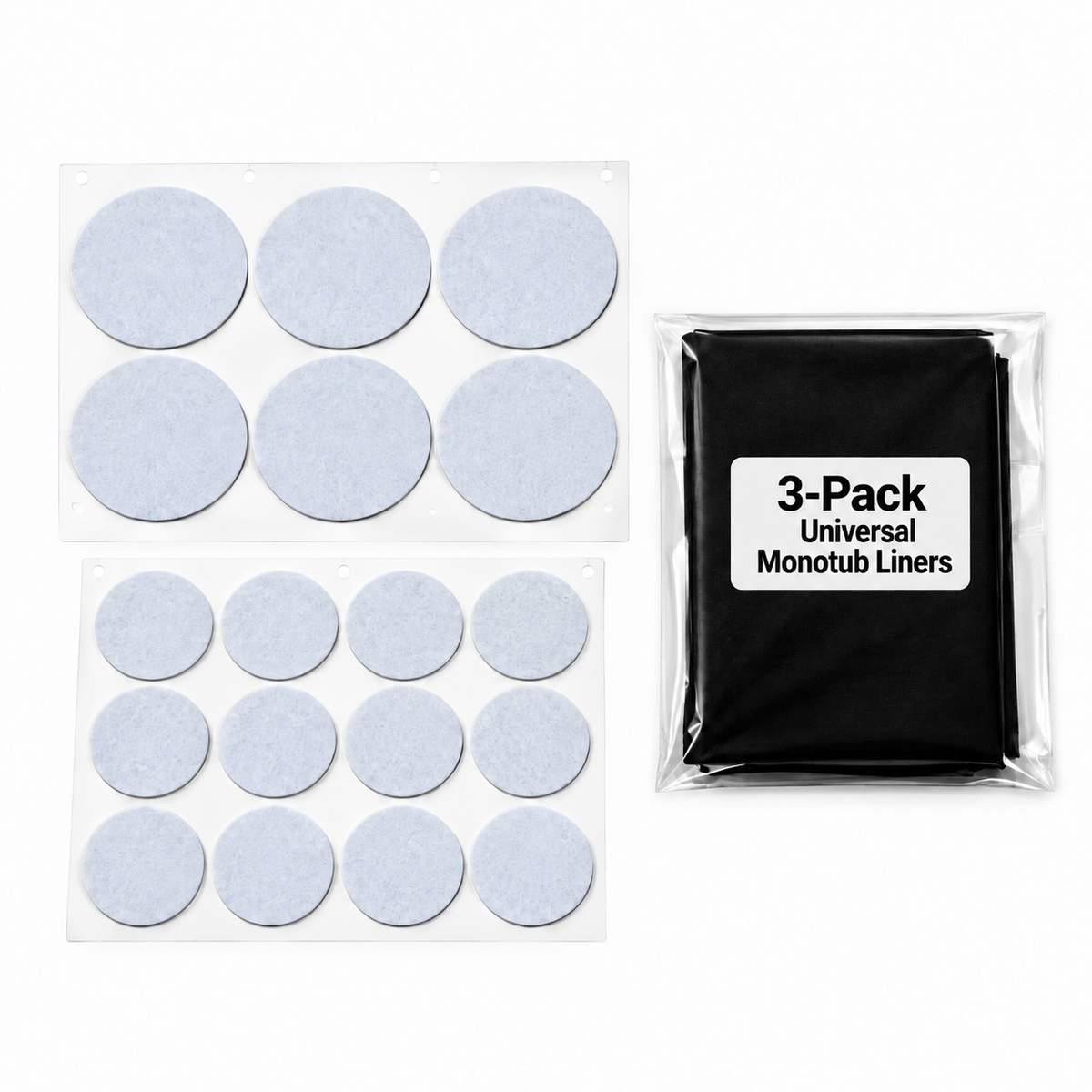 Sheet of six 2.5 inch and sheet of twelve 1.5 inch adhesive filter disks with a 3-pack of black monotub liners