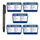 Five blue and white 'Monotub Tracker' labels with fields for harvest and notes, shown on a white background alongside a black pen.