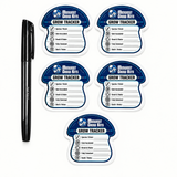 Five grow tracker stickers in different sizes displayed on a white background next to a black pen. The stickers feature a blue and white design with fields for species/strain, date inoculated, break & shake, fully collected, and batch/notes.