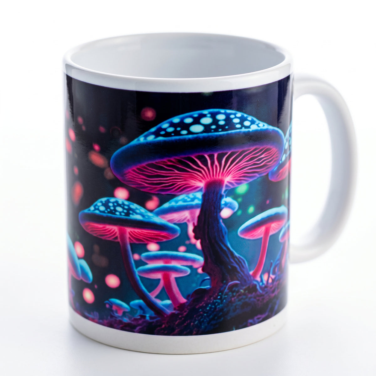 Close-up of the glowing mushroom caps and pink gills printed on the ceramic mug