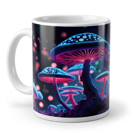 Glowing Mushrooms 12oz ceramic coffee mug with neon blue and pink bioluminescent mushroom artwork