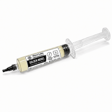 A syringe-style container of Golden Model casting plastic by Myco Labs, shown on a clean white background.