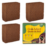 Three brown coconut coir blocks arranged around a green and yellow Gro-Med Coconut Coir Block package on a white background.