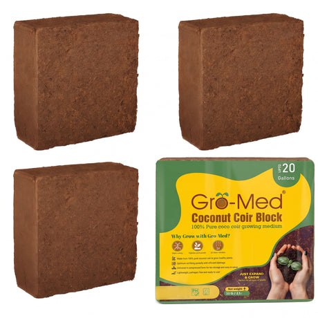 Three brown coconut coir blocks arranged around a green and yellow Gro-Med Coconut Coir Block package on a white background.