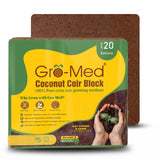 Gro-Med Coconut Coir Block growing medium in a 20-gallon bag, shown with the front label visible and a brown coir block behind it on a white background.
