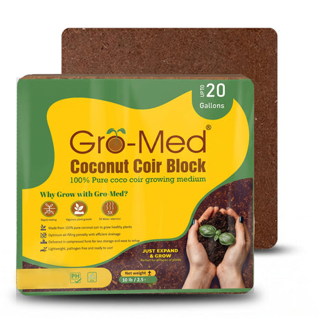 Gro-Med Coconut Coir Block growing medium in a 20-gallon bag, shown with the front label visible and a brown coir block behind it on a white background.