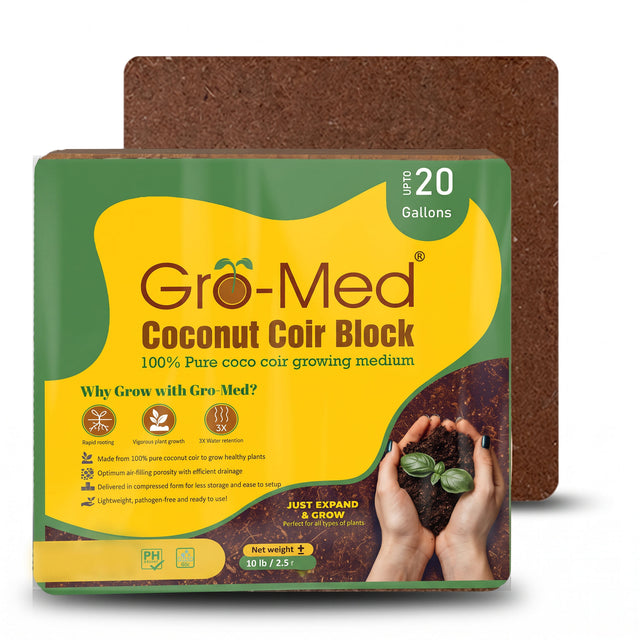 Gro-Med Coconut Coir Block growing medium in a 20-gallon bag, shown with the front label visible and a brown coir block behind it on a white background.