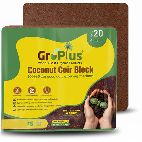 5kg gro-plus coco coir brick on white table.