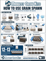 Instructional poster on how to use Grain Spawn with step-by-step process and required materials.