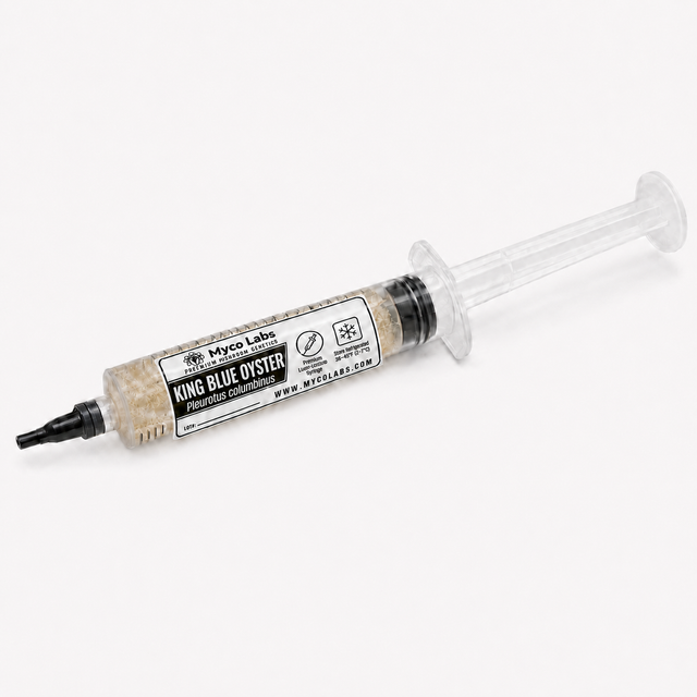 A syringe of King Blue Oyster liquid culture mushroom