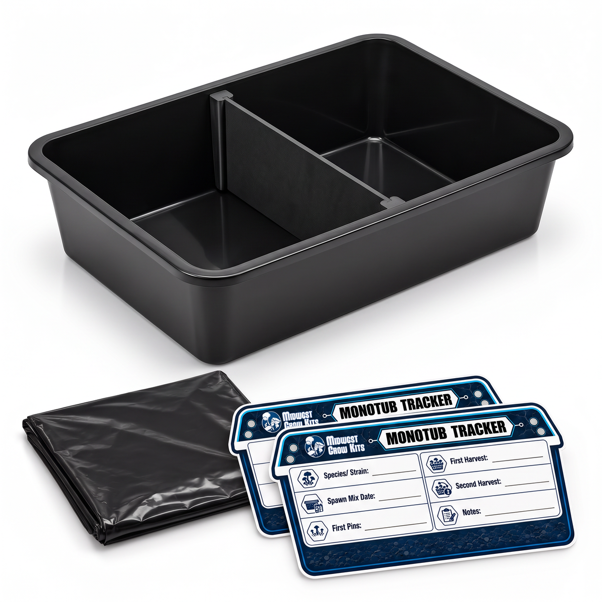 Monotub Divider Kit: divider installed in an empty black monotub, with two liners and two Monotub Tracker labels in front
